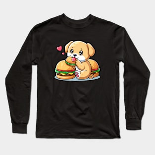 puppy dog pet sticker cartoon vector illustration eat burger Long Sleeve T-Shirt